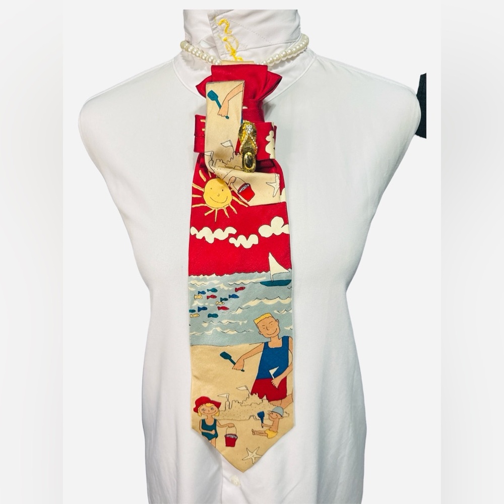 Colorful Beach Scene Necktie featuring a Gold Flipflop Brooch